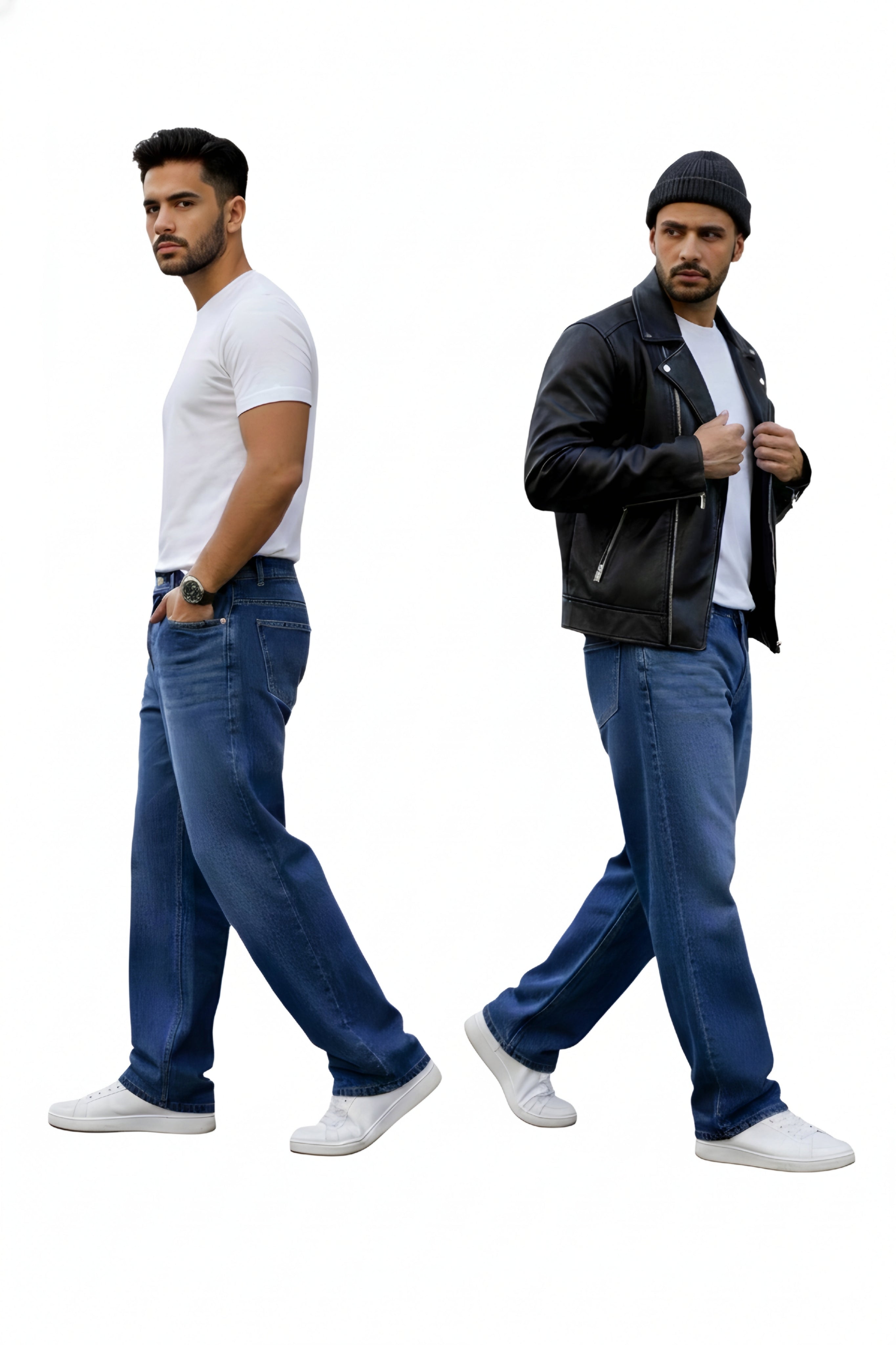 Mens Dark Blue Whisker Jeans baggy fit loose fit