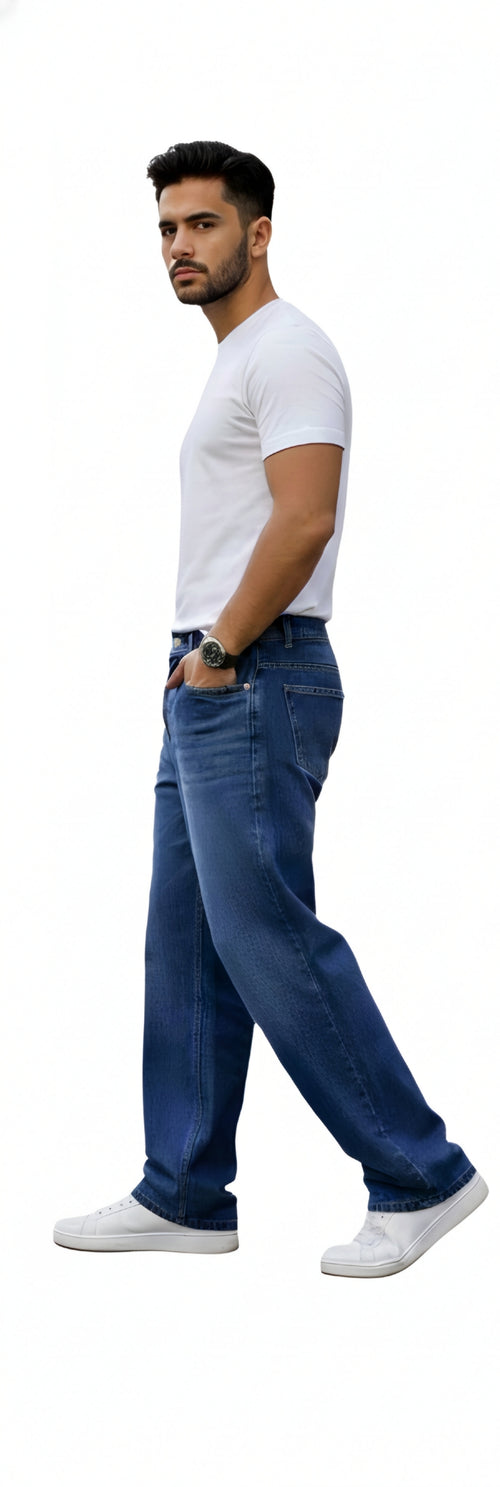 Mens Dark Blue Whisker Jeans baggy fit loose fit