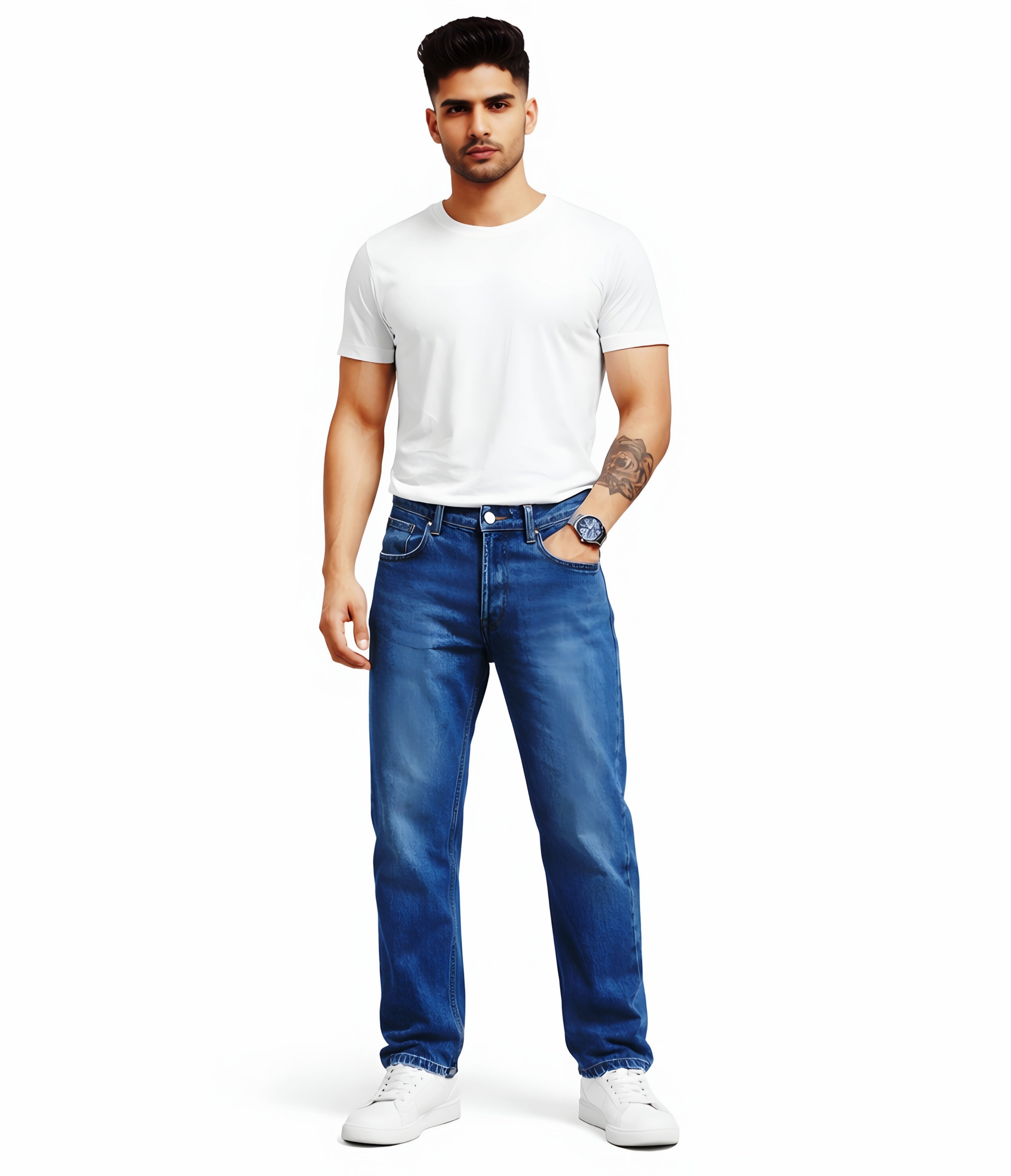 Mens Dark Blue Whisker Jeans baggy fit loose fit