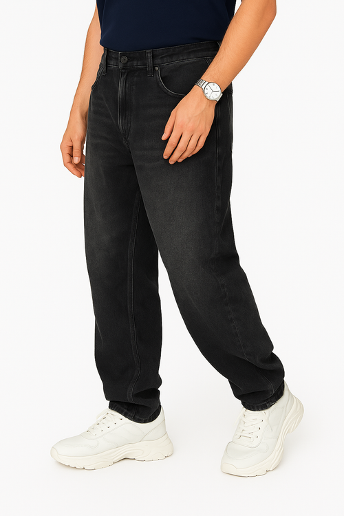 Mens Black Whisker Jeans baggy fit loose fit